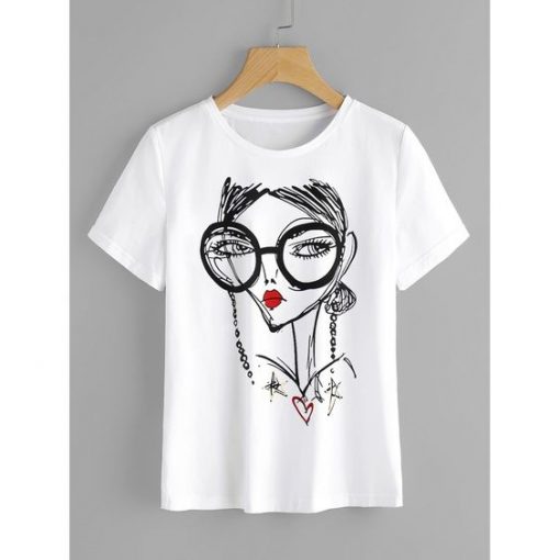 Cartoon Portrait Print T-Shirt ZK01