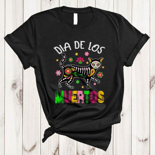 Dia De Los Muertos Cool Cute Day Of The Dead Flowers Mexican Skull Skeleton Cat Lover T-Shirt AL