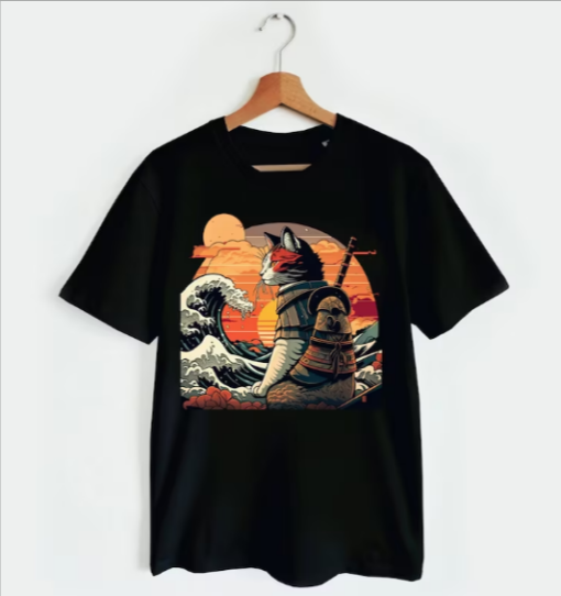 Retro samurai Cat With Wave T-shirt SD